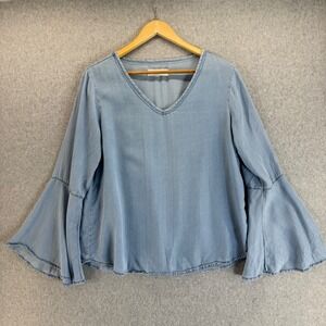 Thread & Supply Bell Sleeve Top V-Neck Lyocell Blouse Flowy Blue Size Large‎